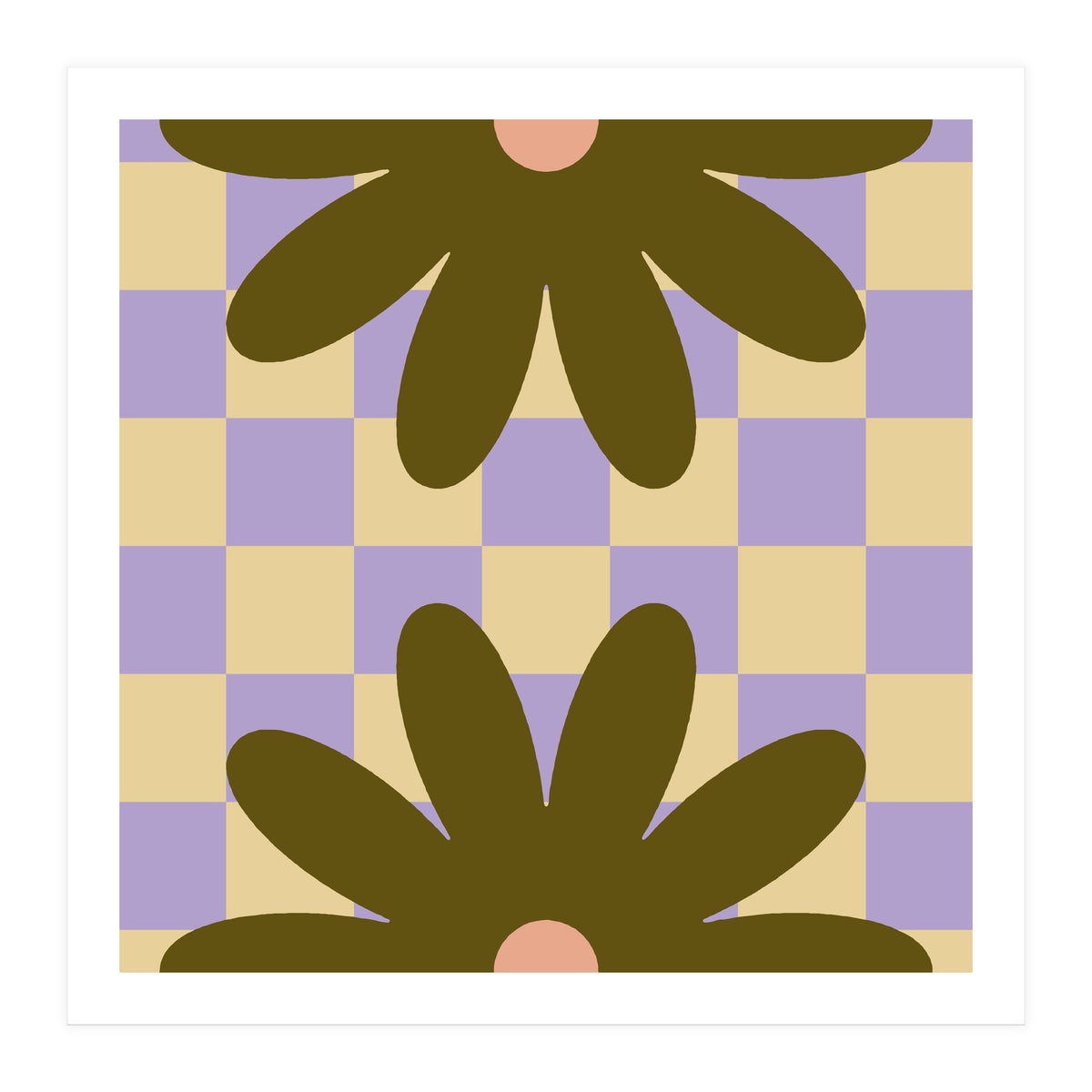 Retro Geometric Simple Flower on Checkerboard (Print Only)