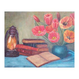 Still life with tulips, books and an old lamp. (Print Only) thumbnail
