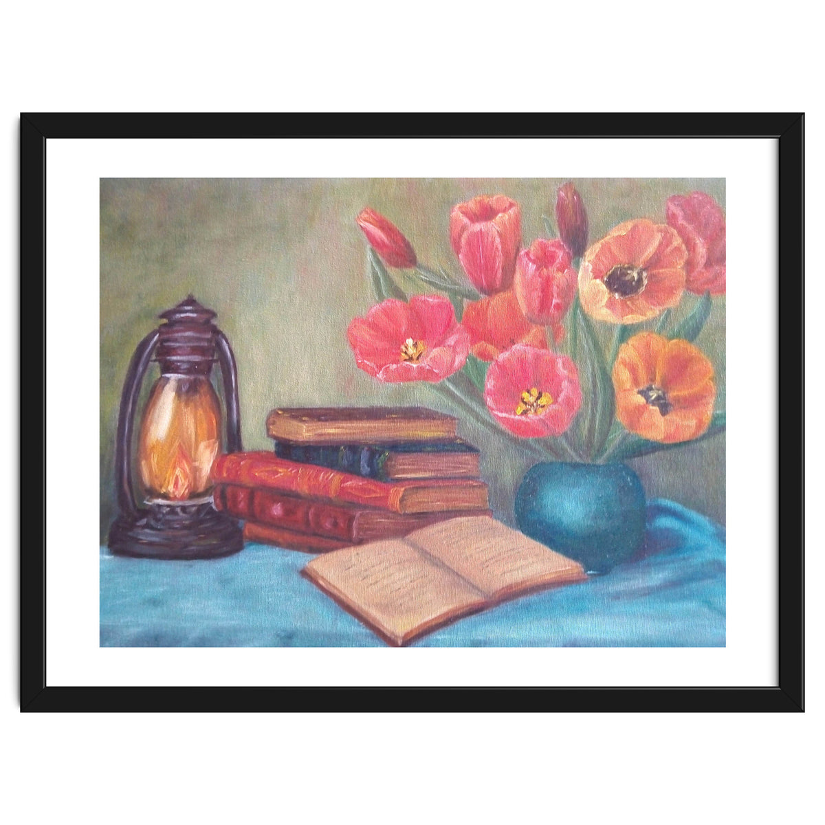 Still life with tulips, books and an old lamp.