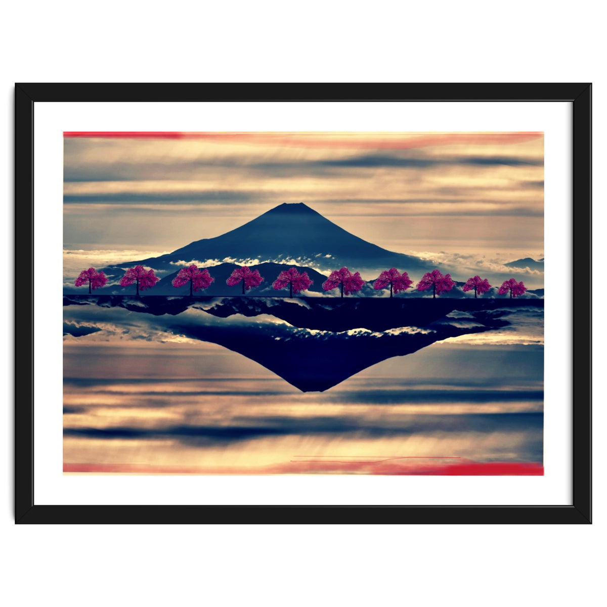Reflection on Mount Fuji with cherry trees.