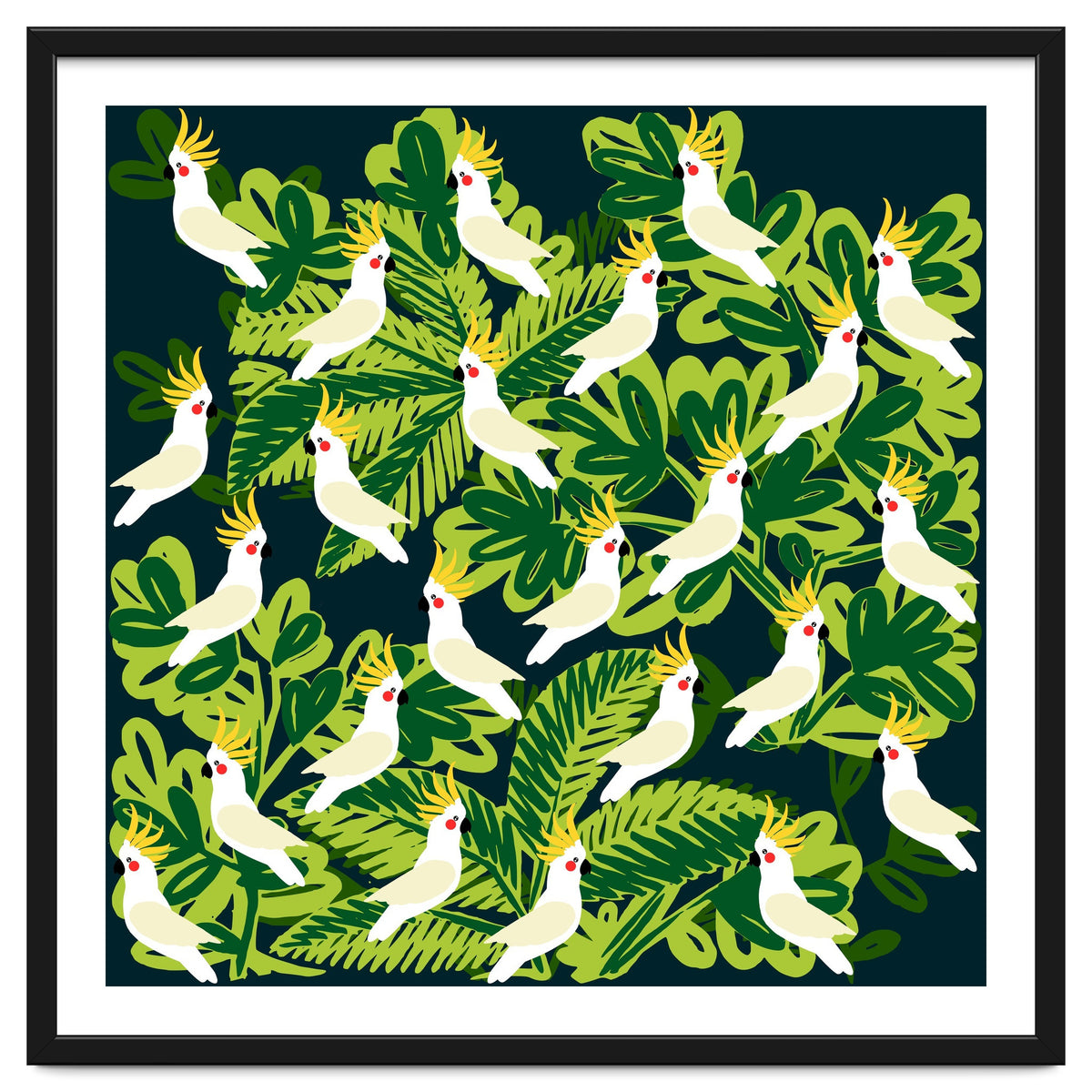 Cute cockatoo and tropical leaves