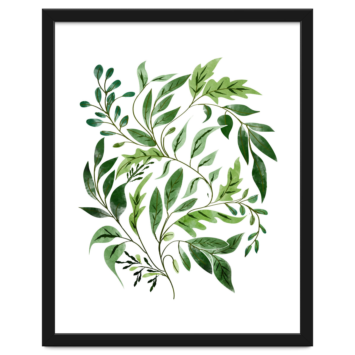Botanical Abundance, Fresh Green Nature Watercolor Painting, Vibrant Leaves Minimal Illustration