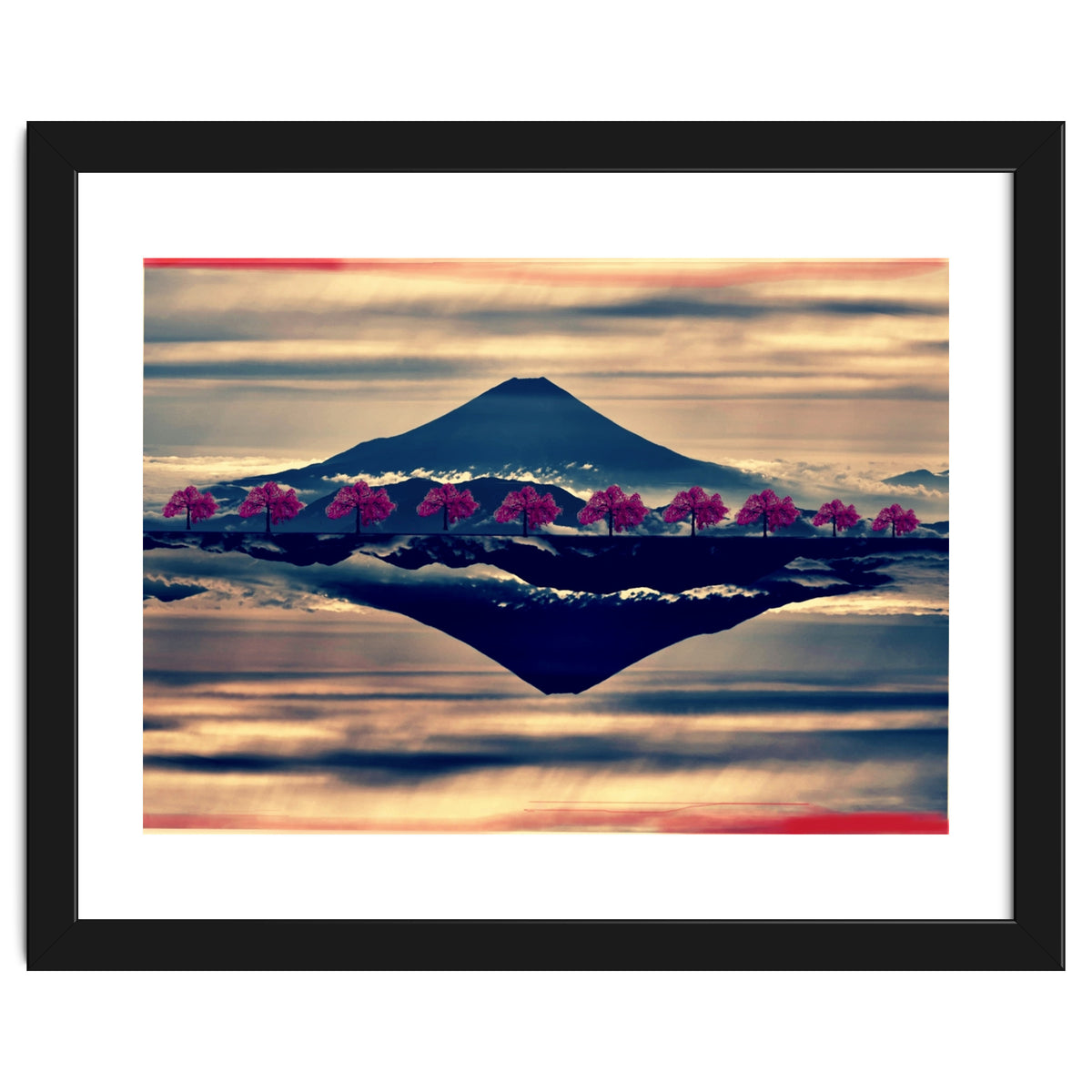 Reflection on Mount Fuji with cherry trees.