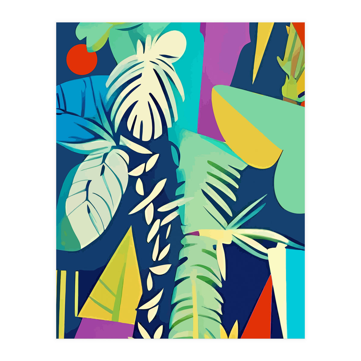 Tropical Wilderness, Abstract Botanical Jungle Plants, Pop of Color Eclectic Shapes Nature (Print Only)
