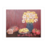 Still life with cheese, daffodils on a red background. (Print Only) thumbnail