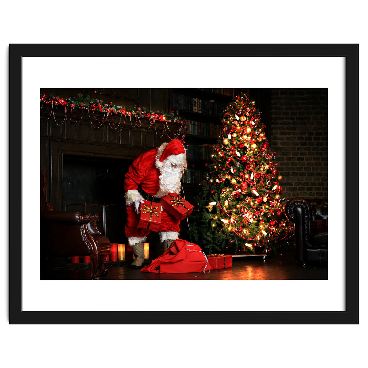 Santa Claus put his Christmas gift under the Xmas tree at midnight