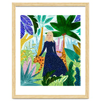 African Safari, Colorful Tropical Jungle Travel, Botanical Watercolor, Blonde Woman with a Leopard