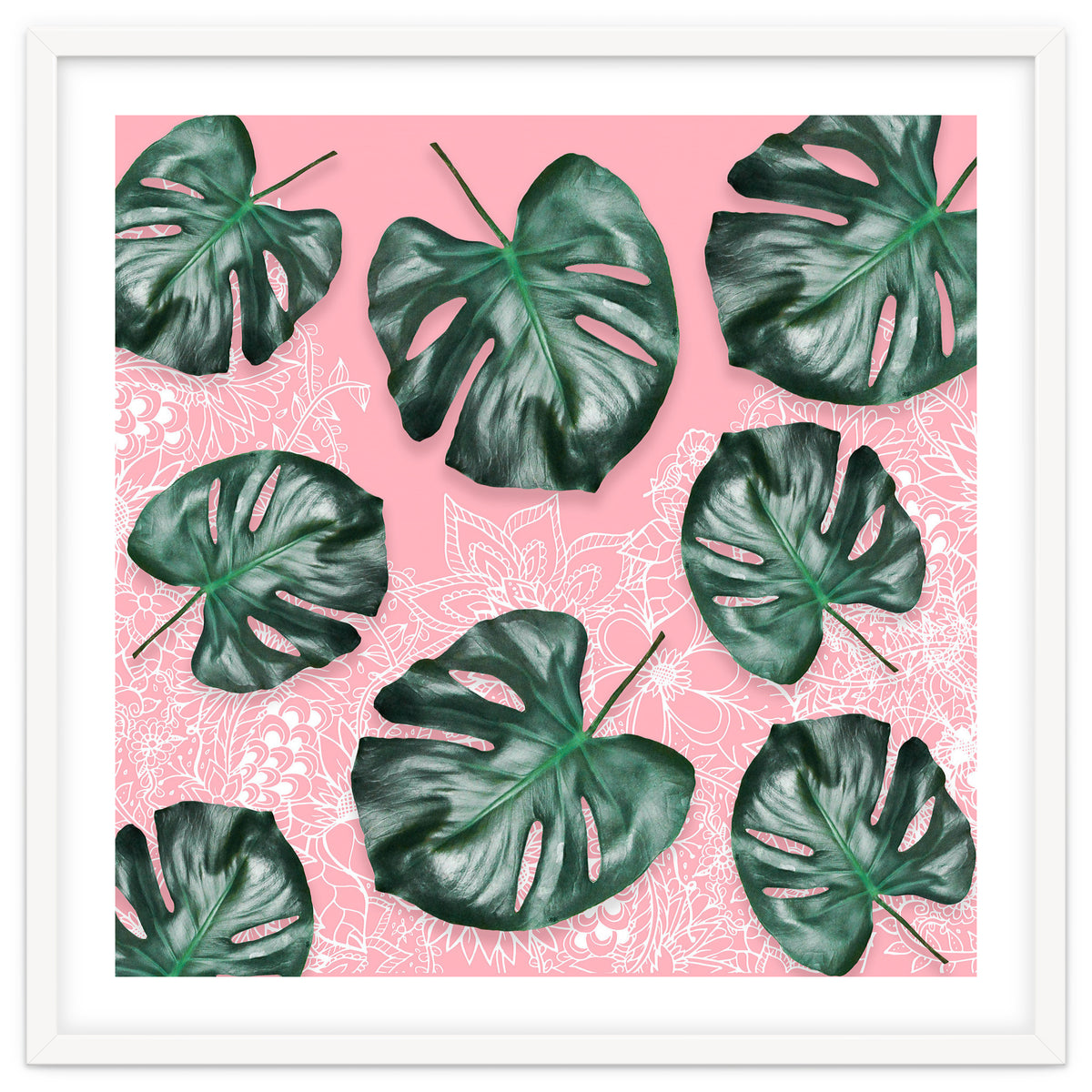 Modern 3d green tropical monstera leaf photo on blush pink white floral illustration