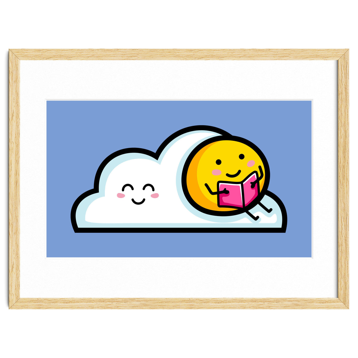 Kawaii Cute Sun Reading A Book On A Cloud