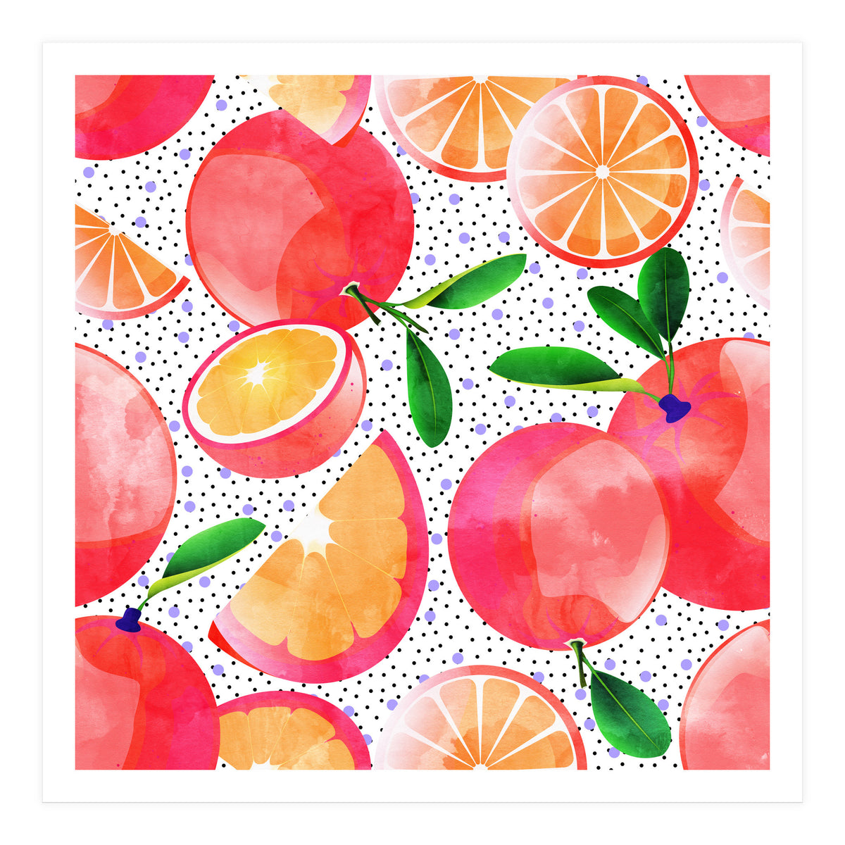 Citrus Tropical | Juicy Fruits Polka Dots | Food Orange Grapefruit Pink Watercolor Botanica (Print Only)