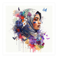 Watercolor Floral Muslim Arabian Woman #5 (Print Only)