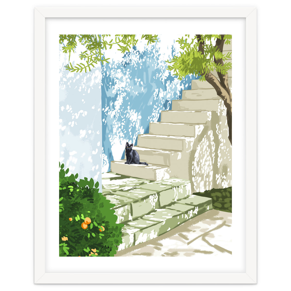 Black cat on the steps Poster, Greece Santorini summer travel pet painting