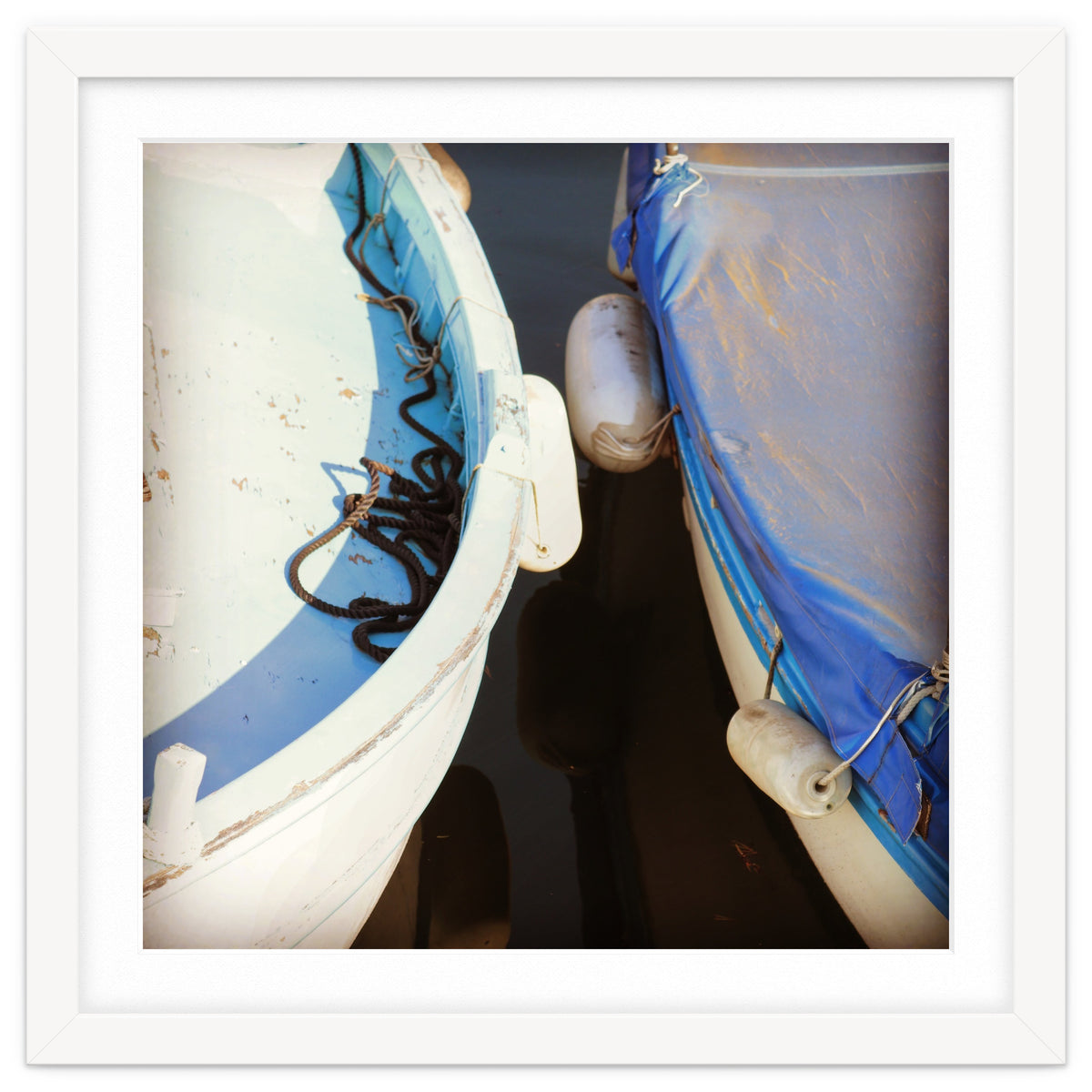 Blue and white wooden fishing boats