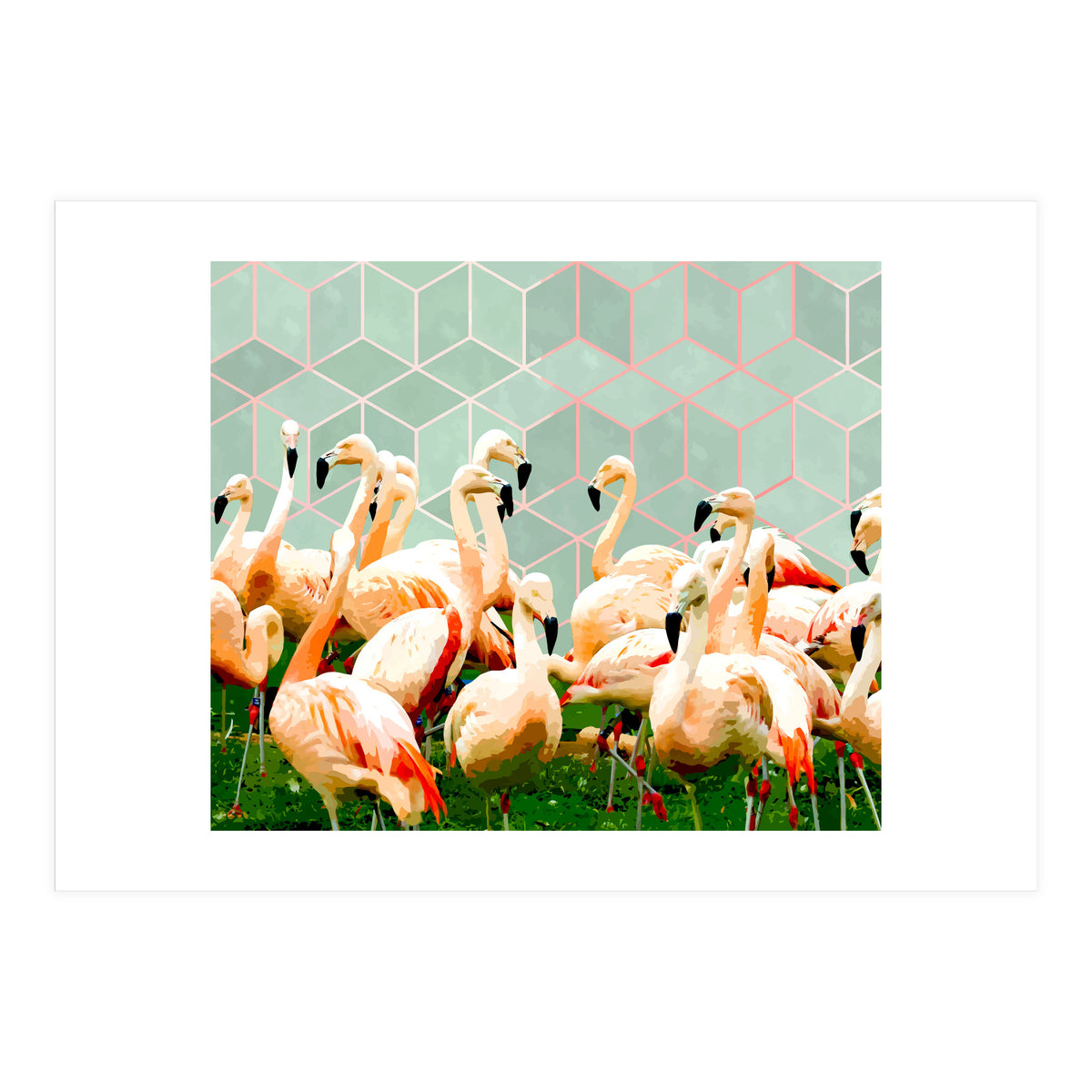Flamingle Abstract Digital, Flamingo Wildlife Painting, Birds Geometric Collage  (Print Only)