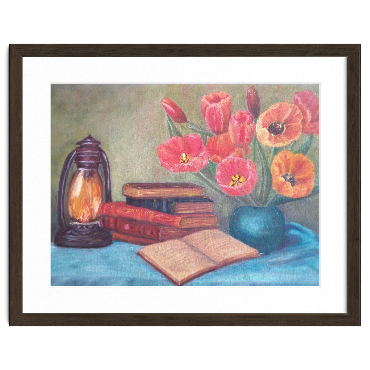 Still life with tulips, books and an old lamp.