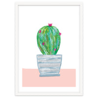 Painted Cactus In Blue Stripe Plant Pot