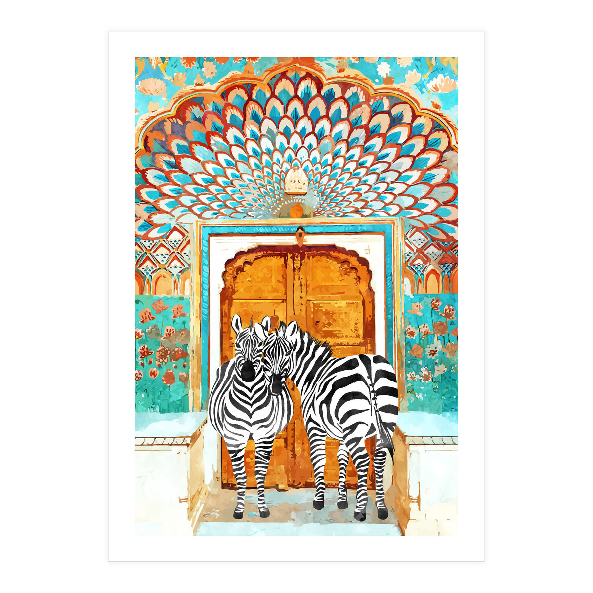 Take Your Stripes Wherever You Go Painting, Zebra Wildlife Architecture, Indian Palace Door Painting  (Print Only)