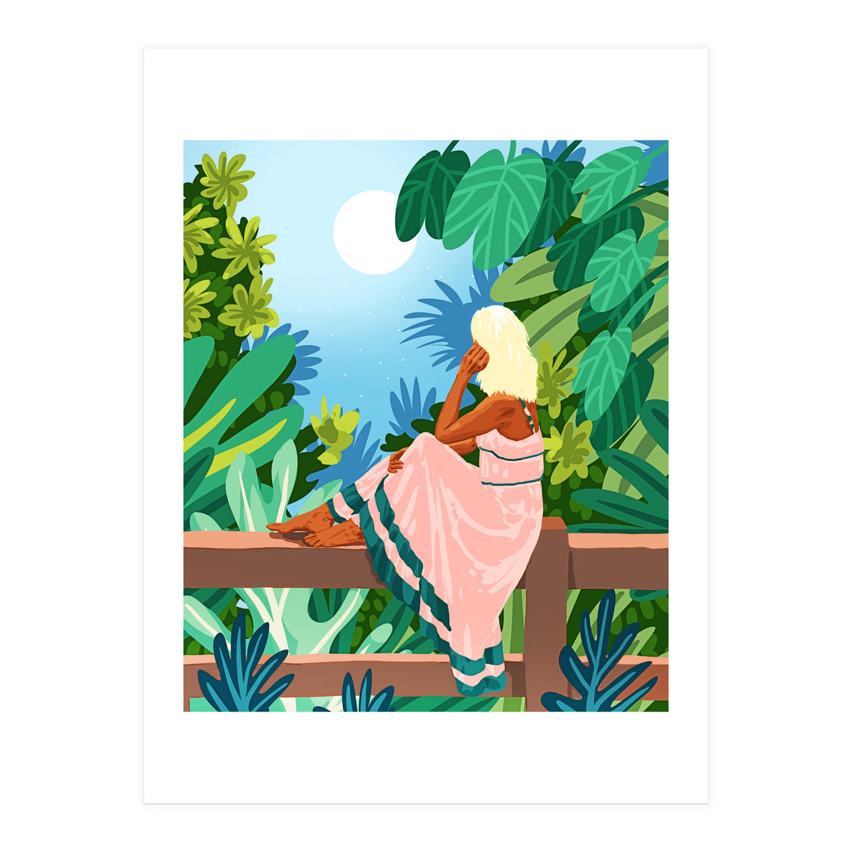 Forest Moon, Bohemian Woman Jungle Nature Tropical Colorful Travel Fashion Illustration (Print Only)