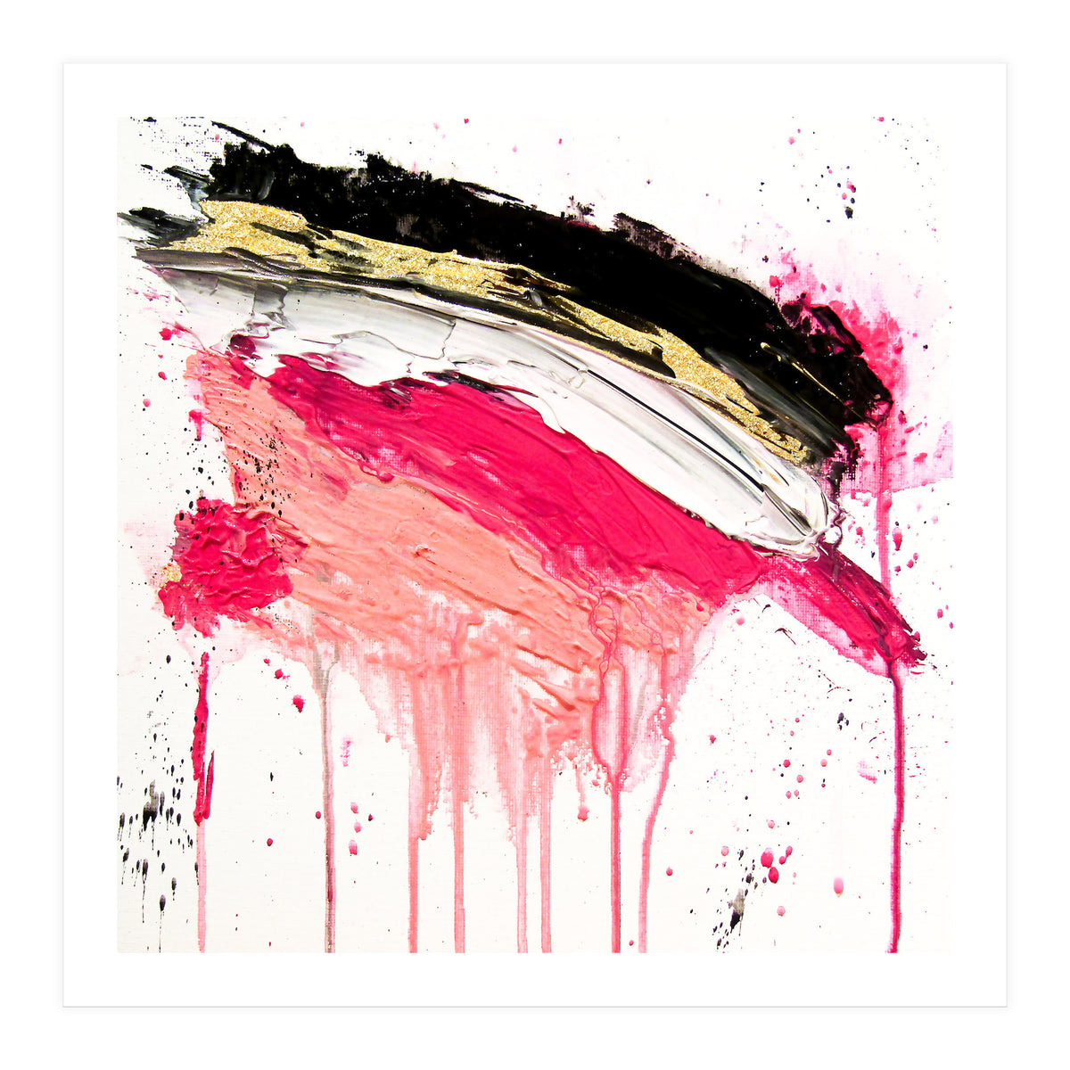 Modern Abstract Pink Black Gold Brushstrokes Splatters Acrylic (Print Only)