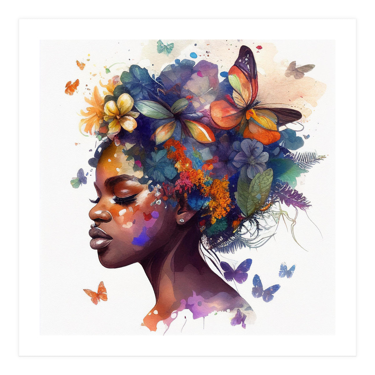 Watercolor Butterfly African Woman #7 (Print Only)