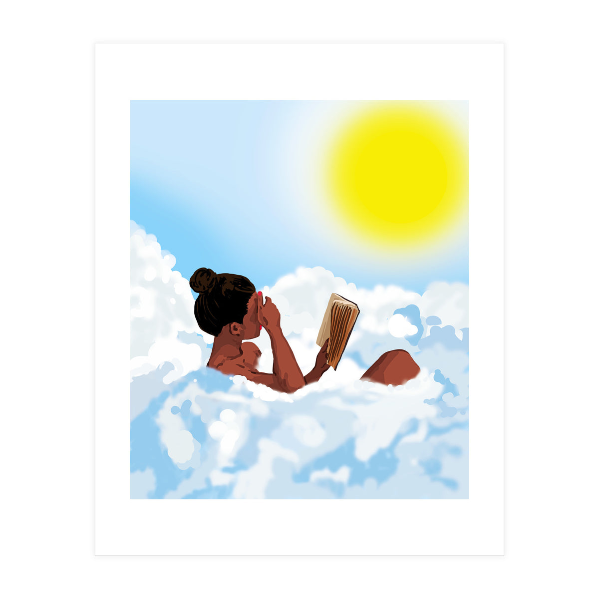 Reading on Clouds, Black Woman Summer Sunny Day Book Painting, Bohemian Nude (Print Only)