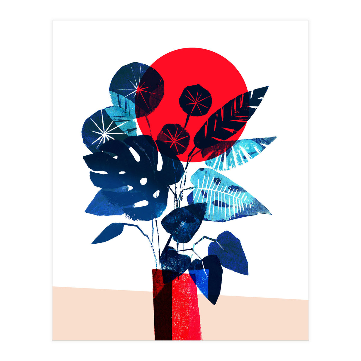 Blue Flowers in Red Vase (Print Only)