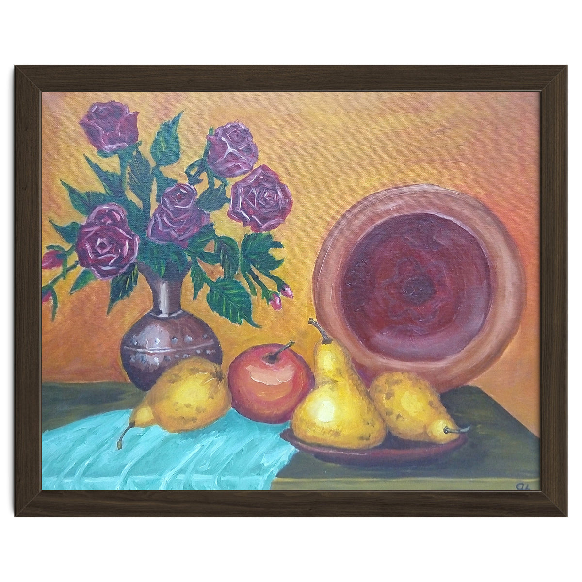 Still life with pears, roses and a dish.
