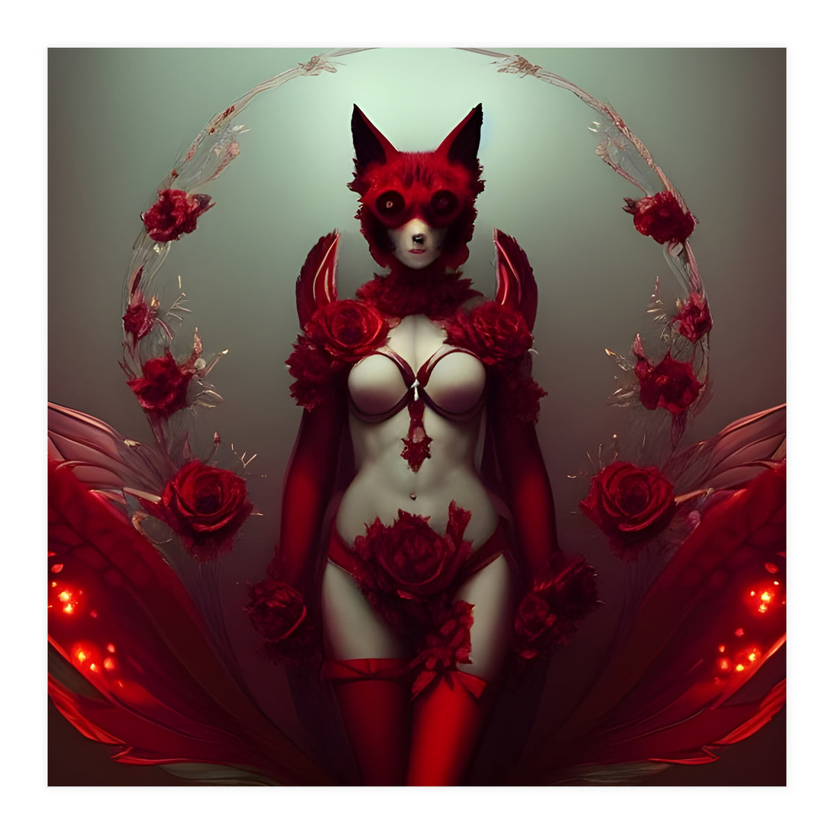 Red Floral Fox Vixen in Lingerie with Roses (Print Only)