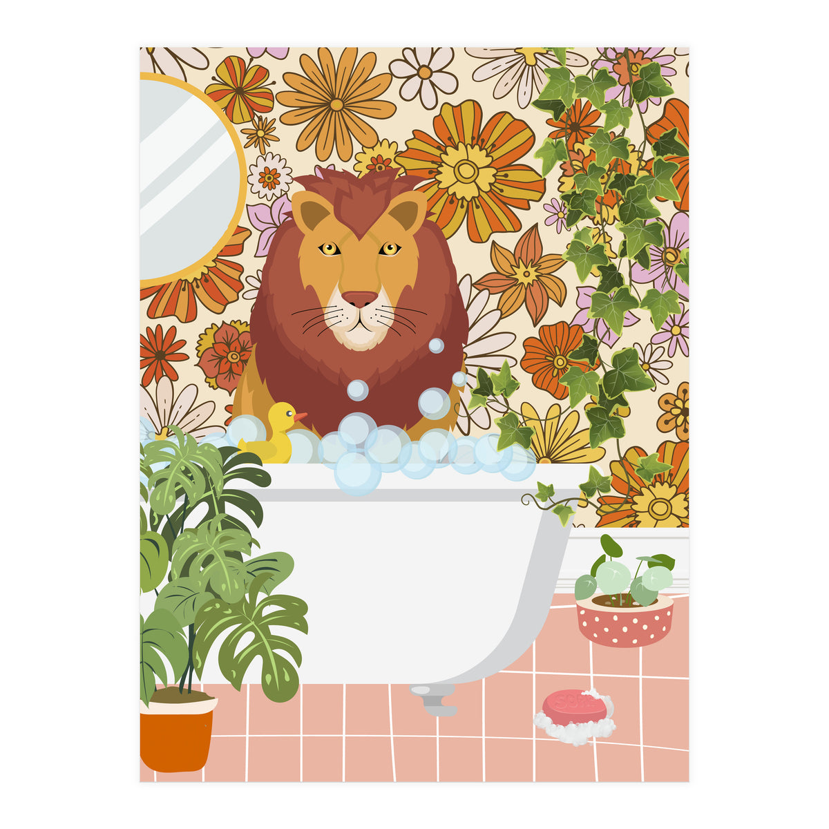 Lion Bathing on Groovy Bathroom (Print Only)