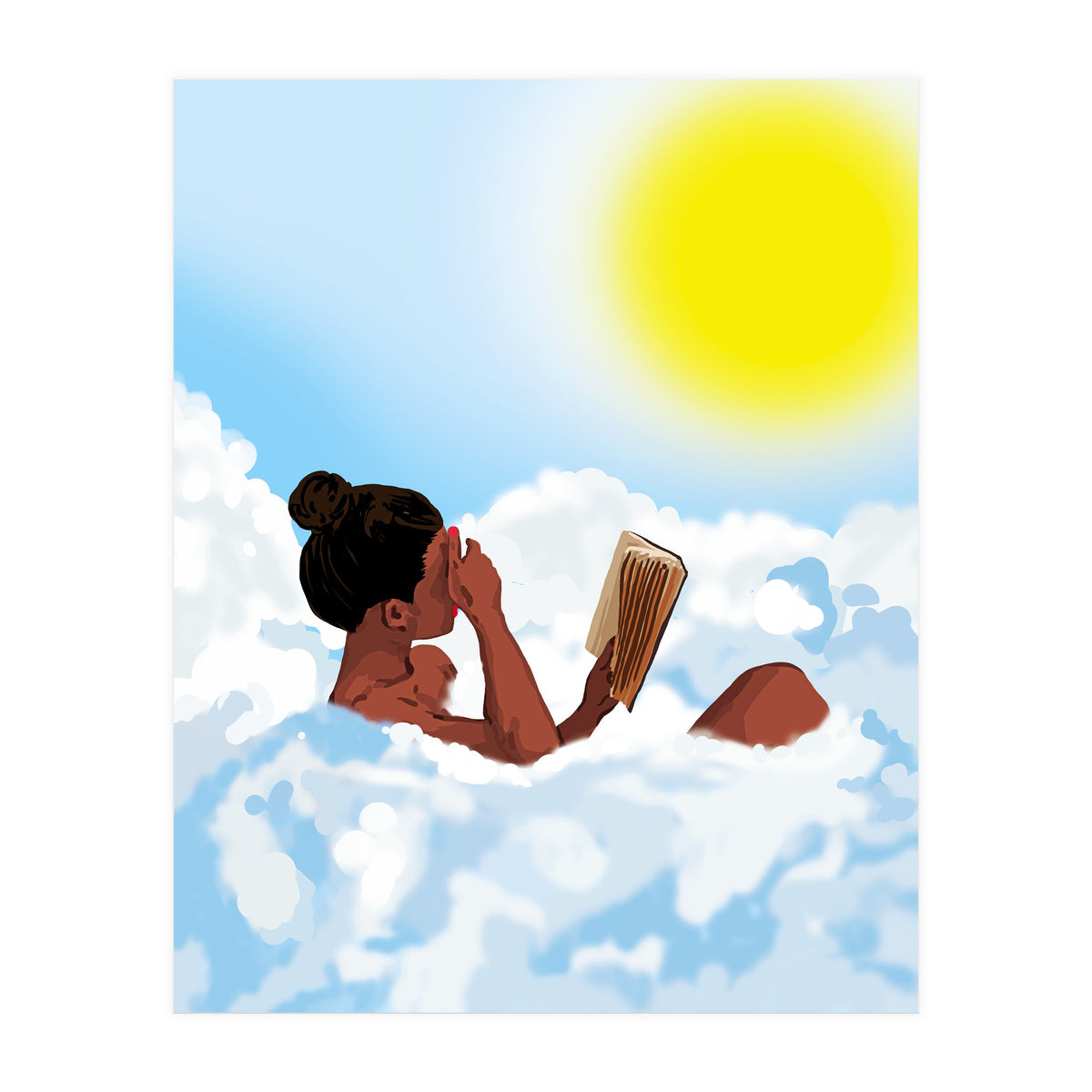 Reading on Clouds, Black Woman Summer Sunny Day Book Painting, Bohemian Nude (Print Only)