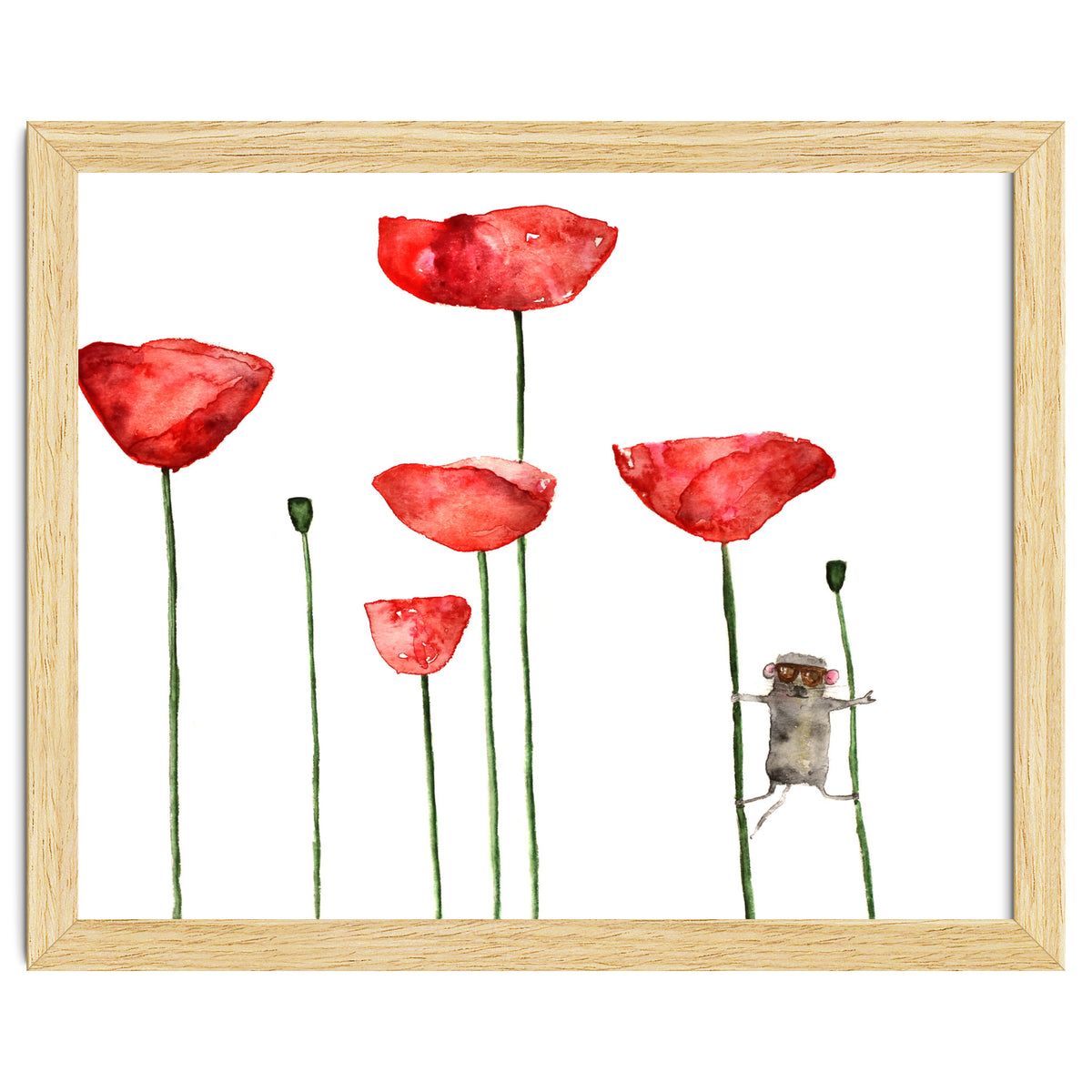 Little mouse loves big poppies || watercolor for nursery