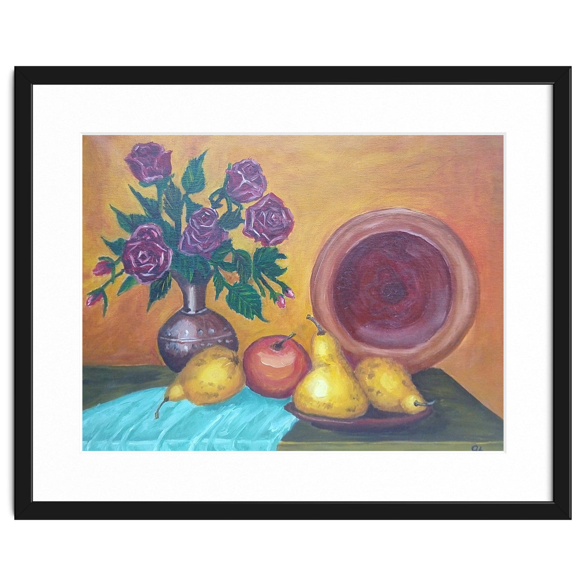 Still life with pears, roses and a dish.