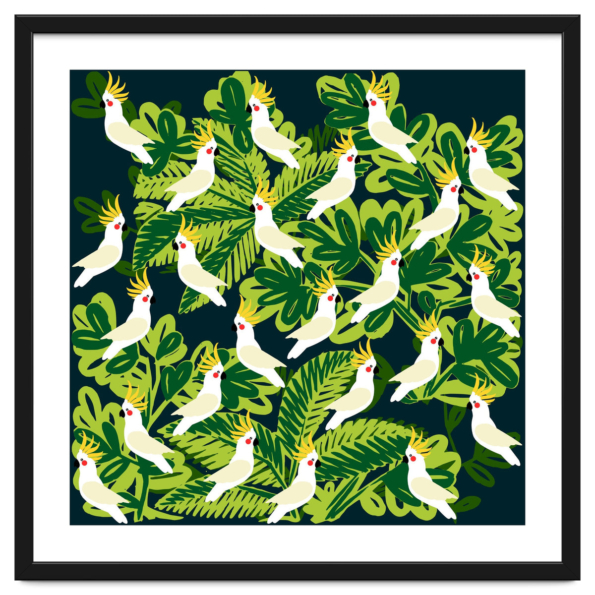 Cute cockatoo and tropical leaves