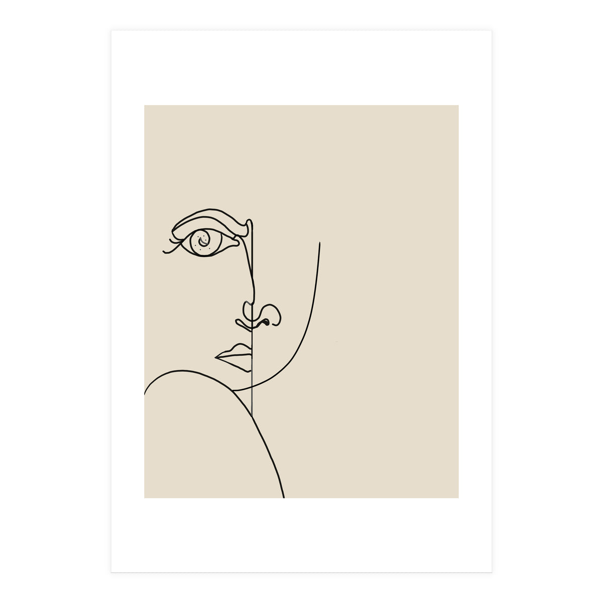 Looking Back : Moon Eyes, Abstract Face Line Art, Minimal Drawing Sketch People Scandinavian Neutral (Print Only)