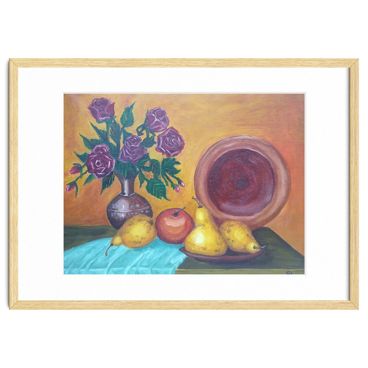 Still life with pears, roses and a dish.