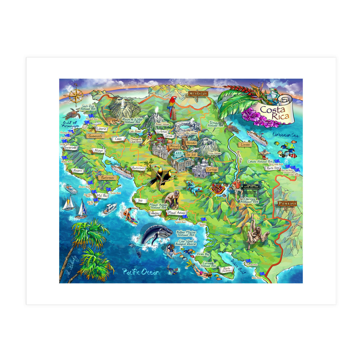 Costa Rica Map Illustration (Print Only)