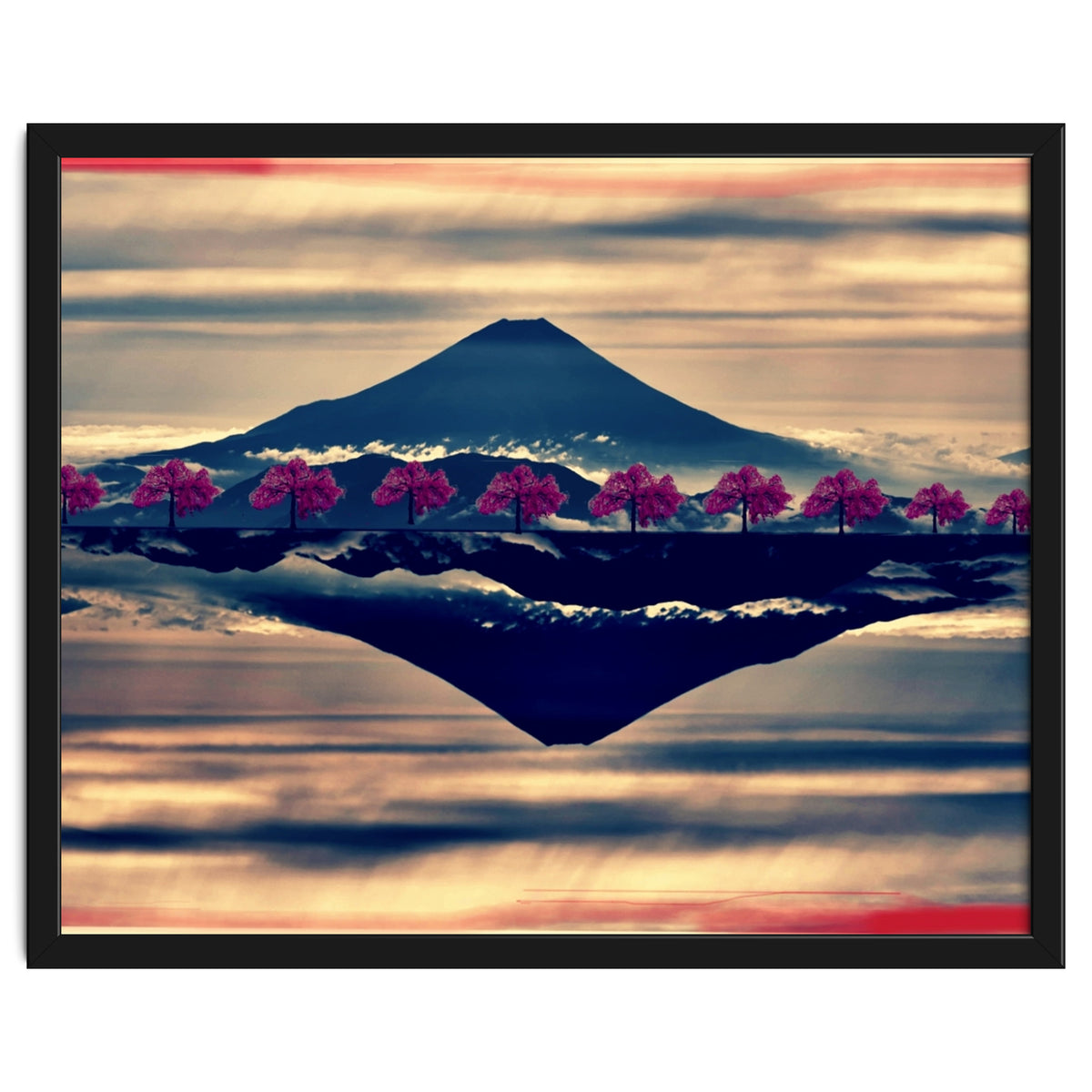 Reflection on Mount Fuji with cherry trees.
