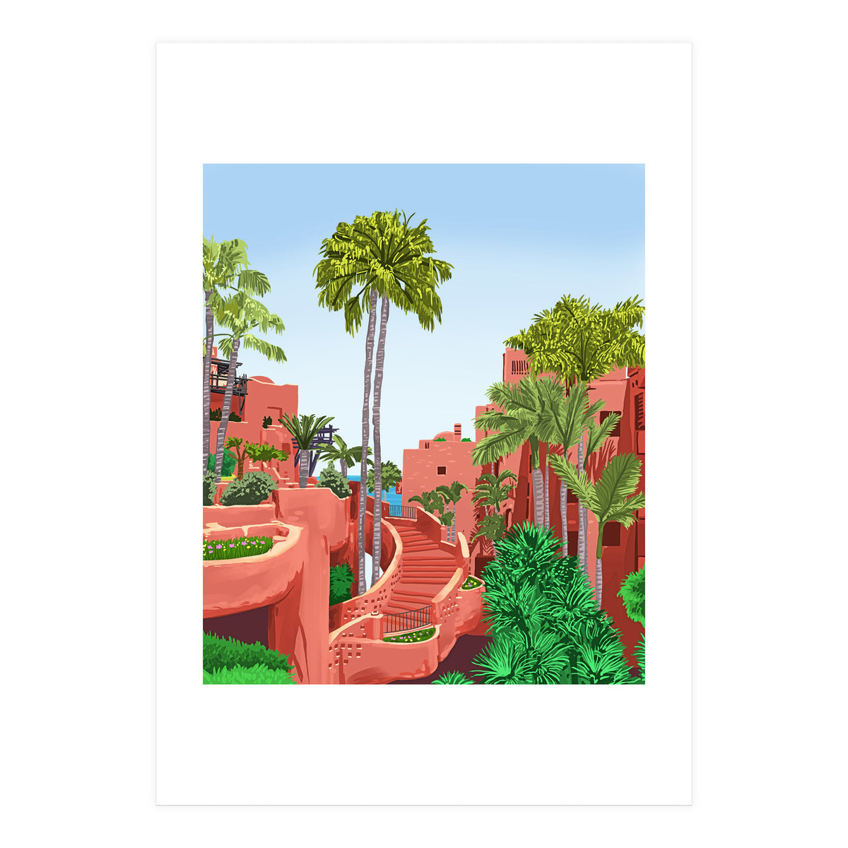 Tropical Architecture, Mexico Exotic Places Building Illustration Bohemian Painting Palm  (Print Only)