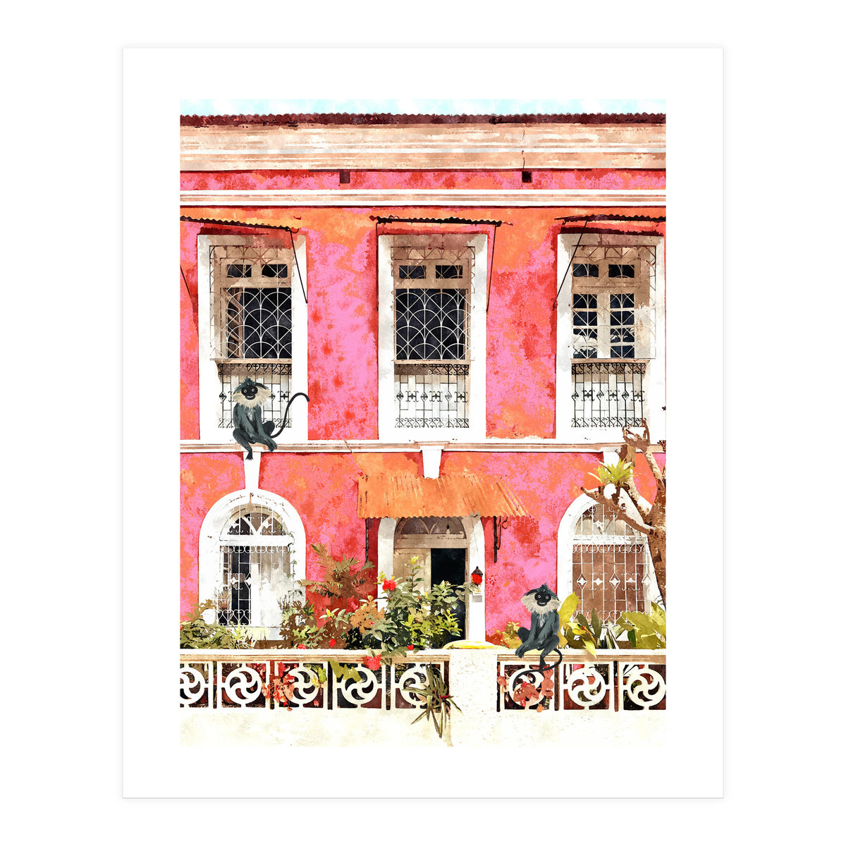 Monkey Business | Watercolor Tropical Goa Architecture Painting | Travel Pastel Pink Blush Building (Print Only)