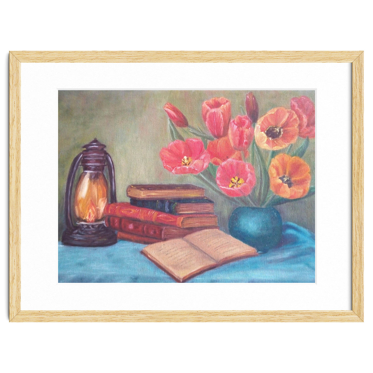 Still life with tulips, books and an old lamp.