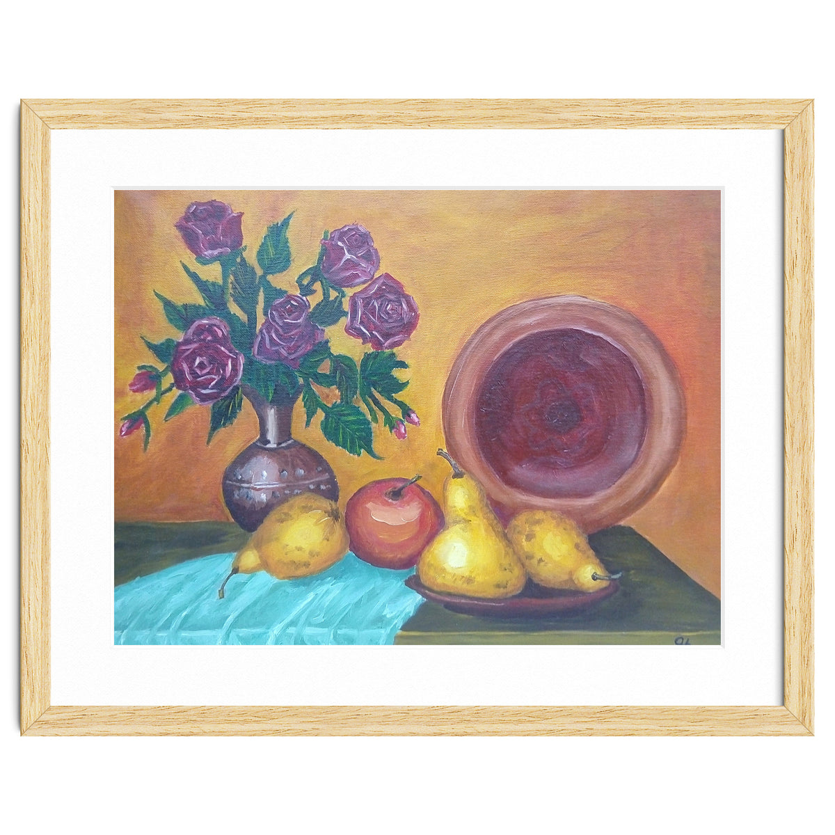 Still life with pears, roses and a dish.