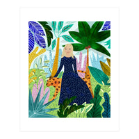 African Safari, Colorful Tropical Jungle Travel, Botanical Watercolor, Blonde Woman with a Leopard (Print Only)