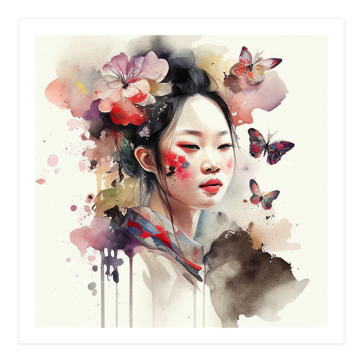 Watercolor Floral Asian Woman #2 (Print Only)