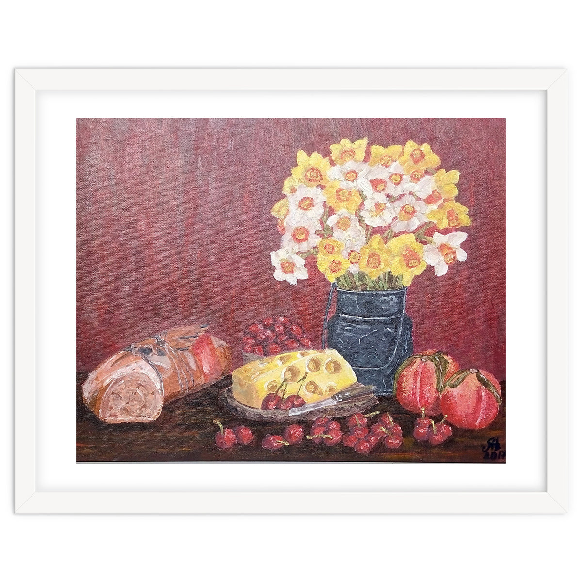 Still life with cheese, daffodils on a red background.