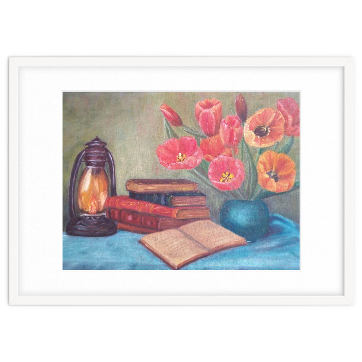 Still life with tulips, books and an old lamp.