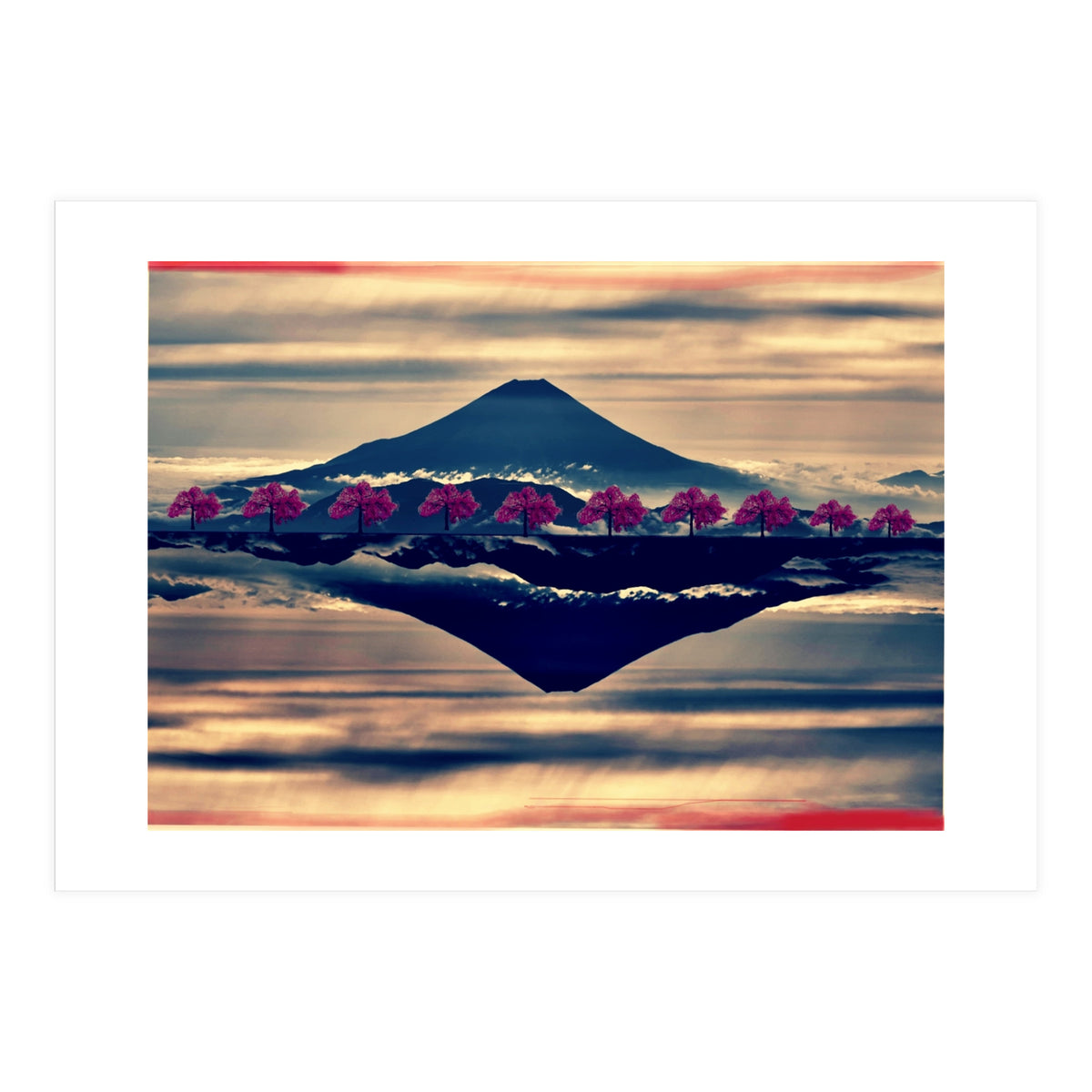 Reflection on Mount Fuji with cherry trees. (Print Only)