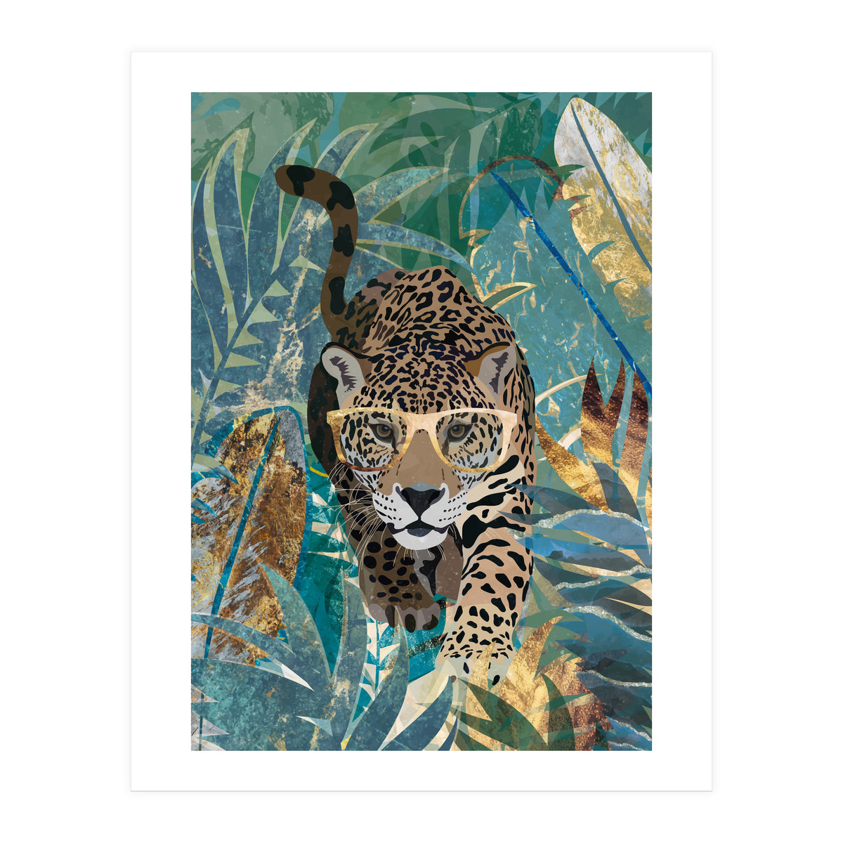 Jaguar in the gold and green tropical jungle (Print Only)