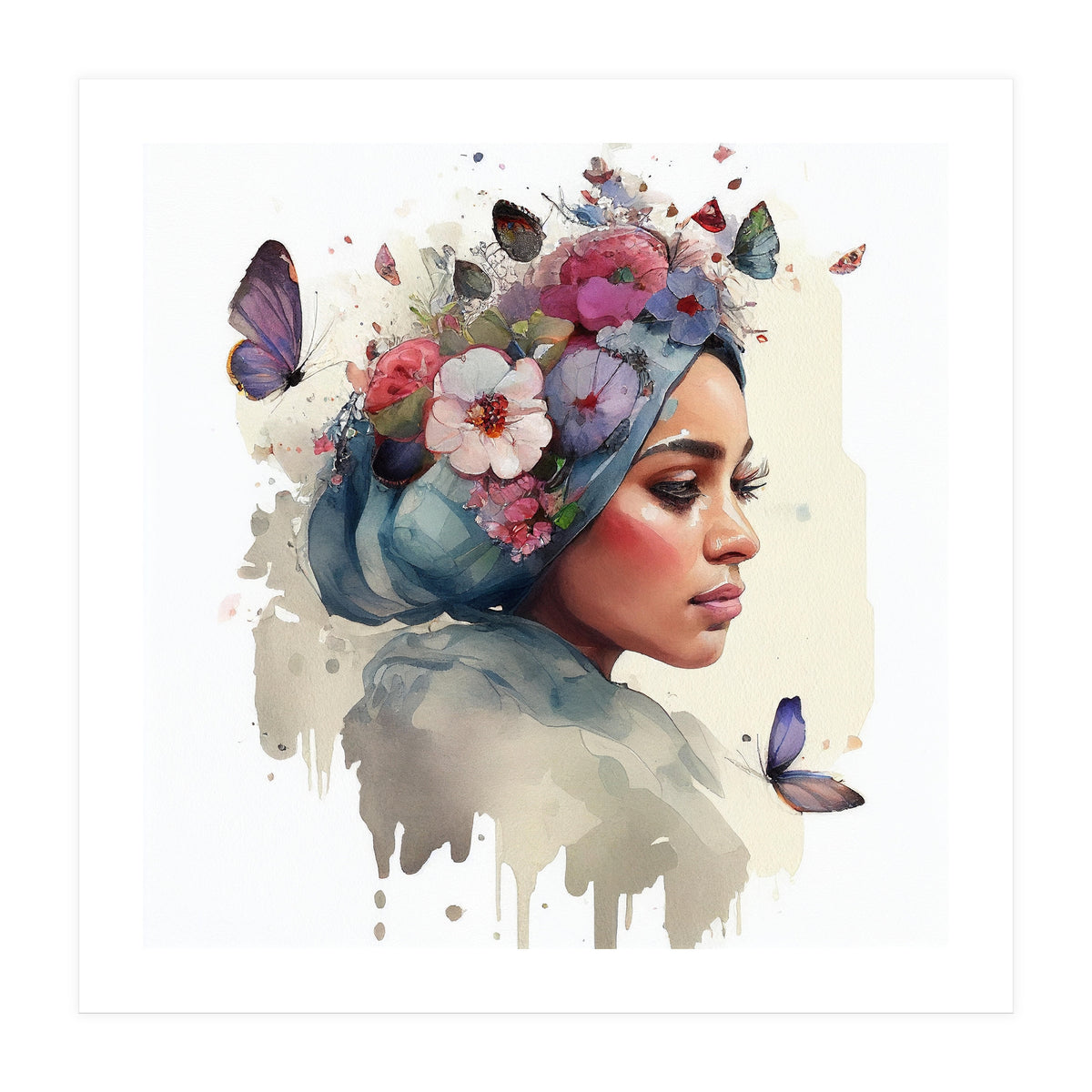Watercolor Floral Muslim Woman #1 (Print Only)