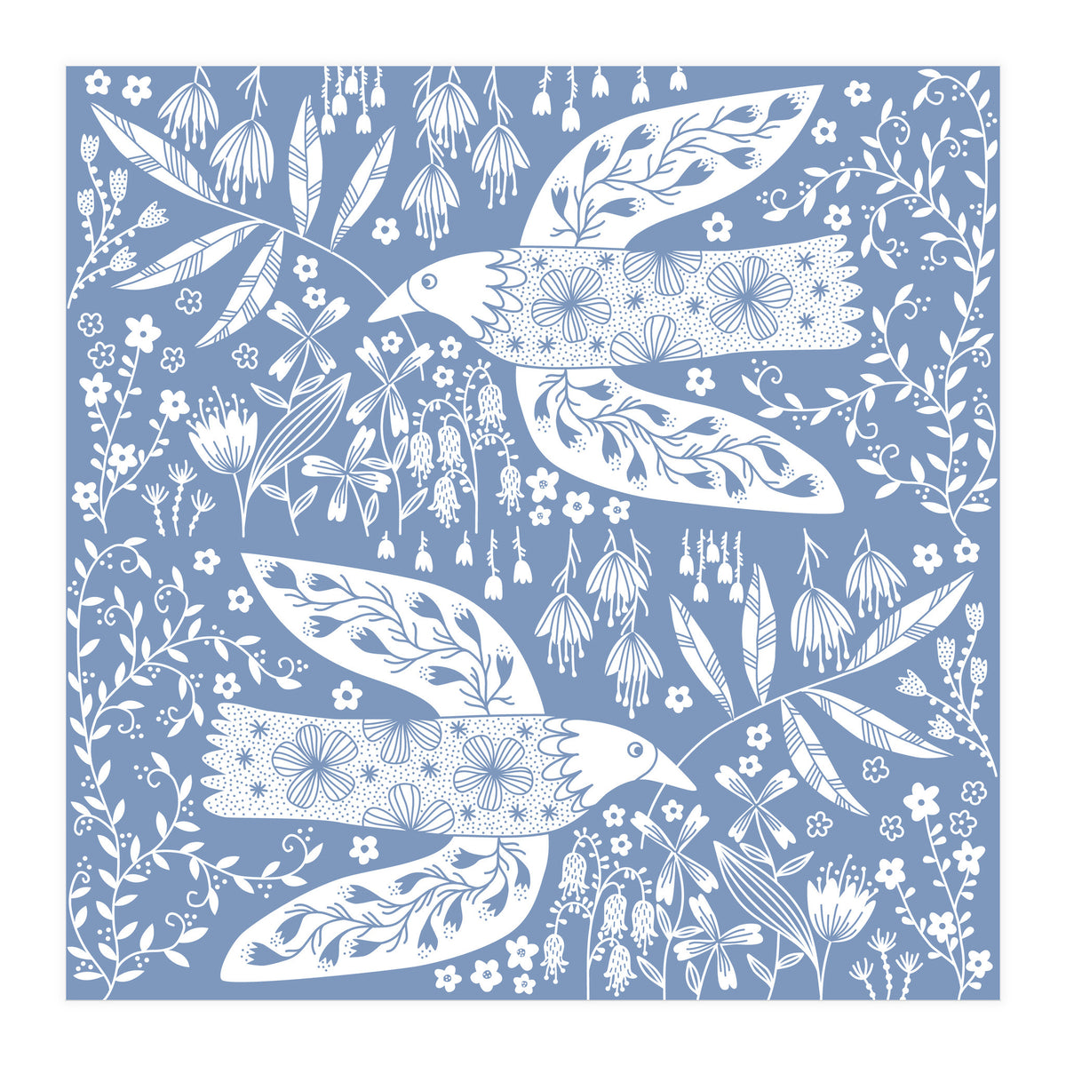 Doves And Flowers White On Blue (Print Only)