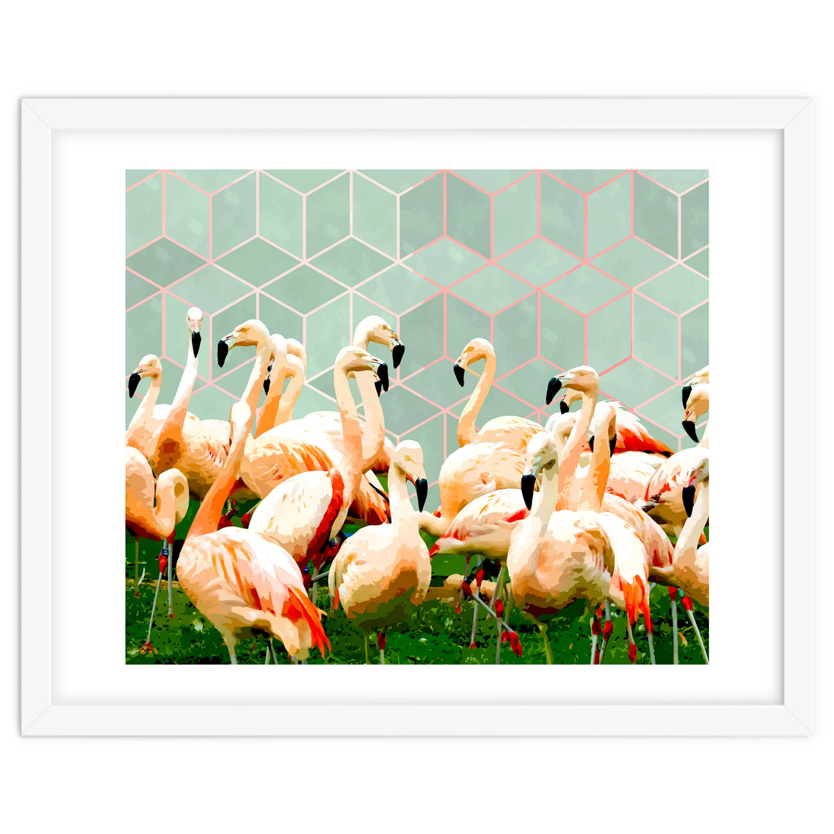 Flamingle Abstract Digital, Flamingo Wildlife Painting, Birds Geometric Collage